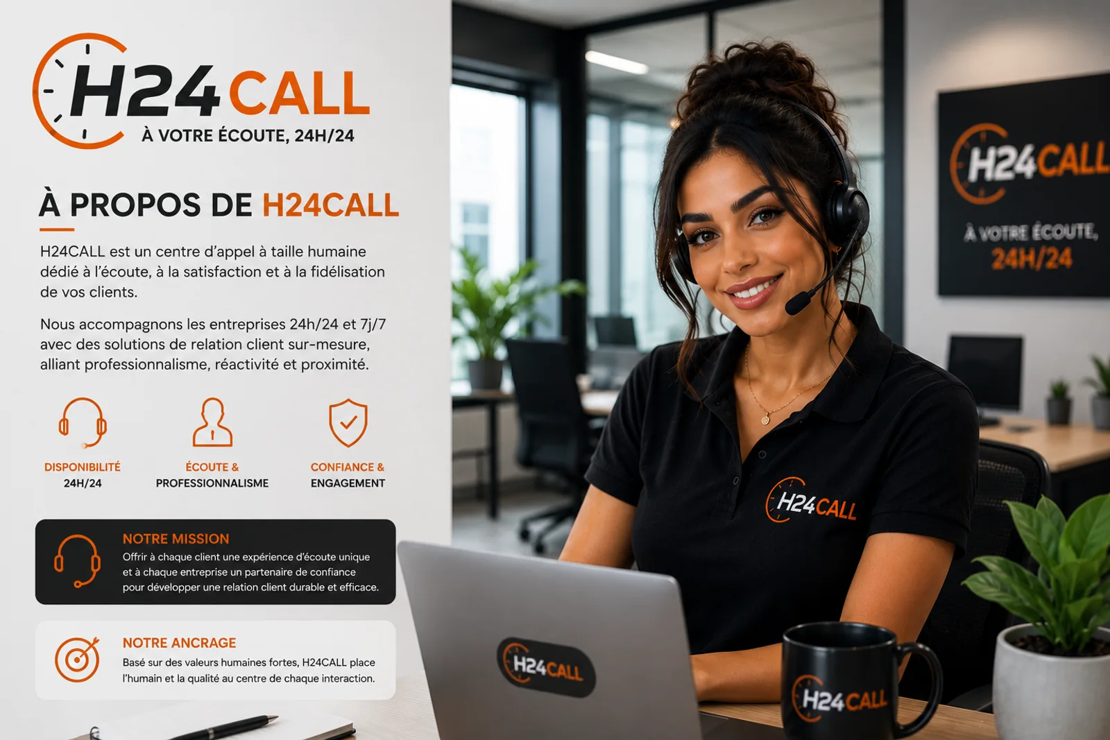 H24 call, centre d'appel à taille humaine dédié à l'écoute, la satisfaction et la fidélisation de vos clients, 24h/24.