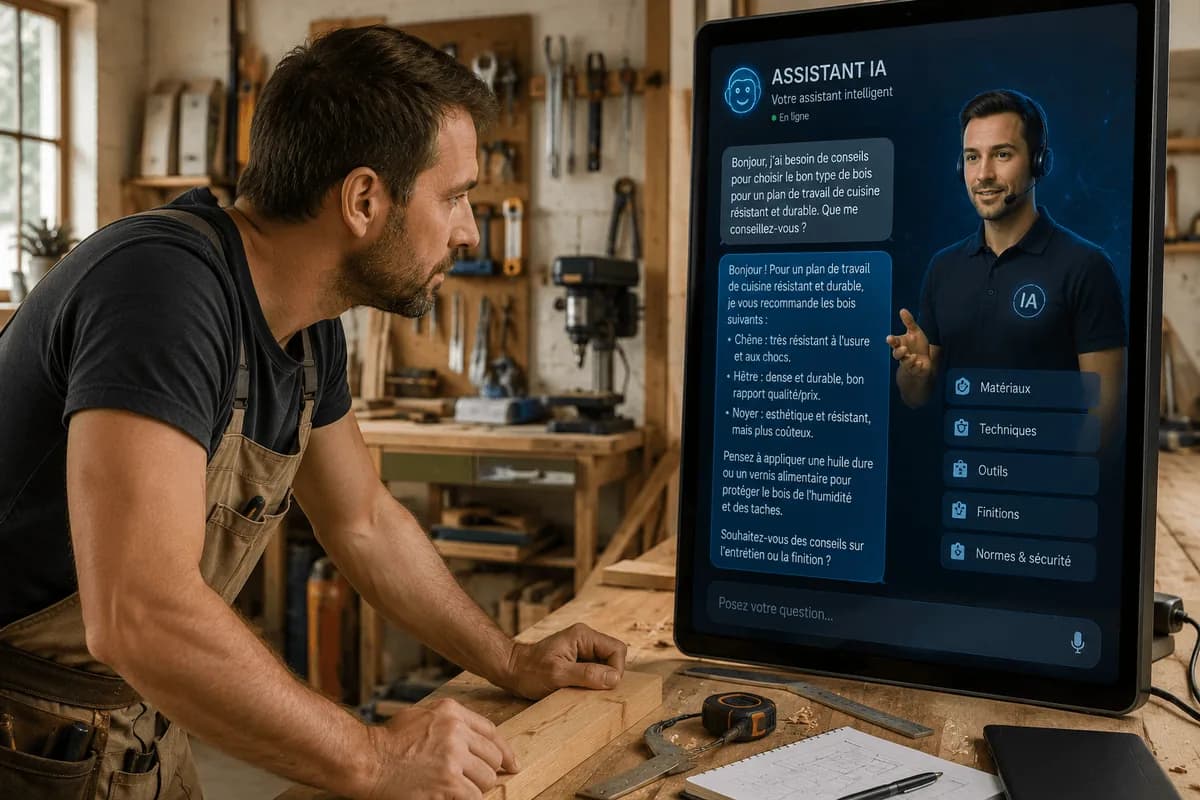 Menuisier consultant un assistant IA dans son atelier