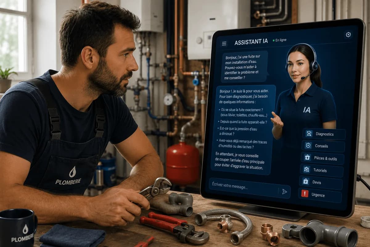 Plombier échangeant avec un assistant IA pour gérer ses appels