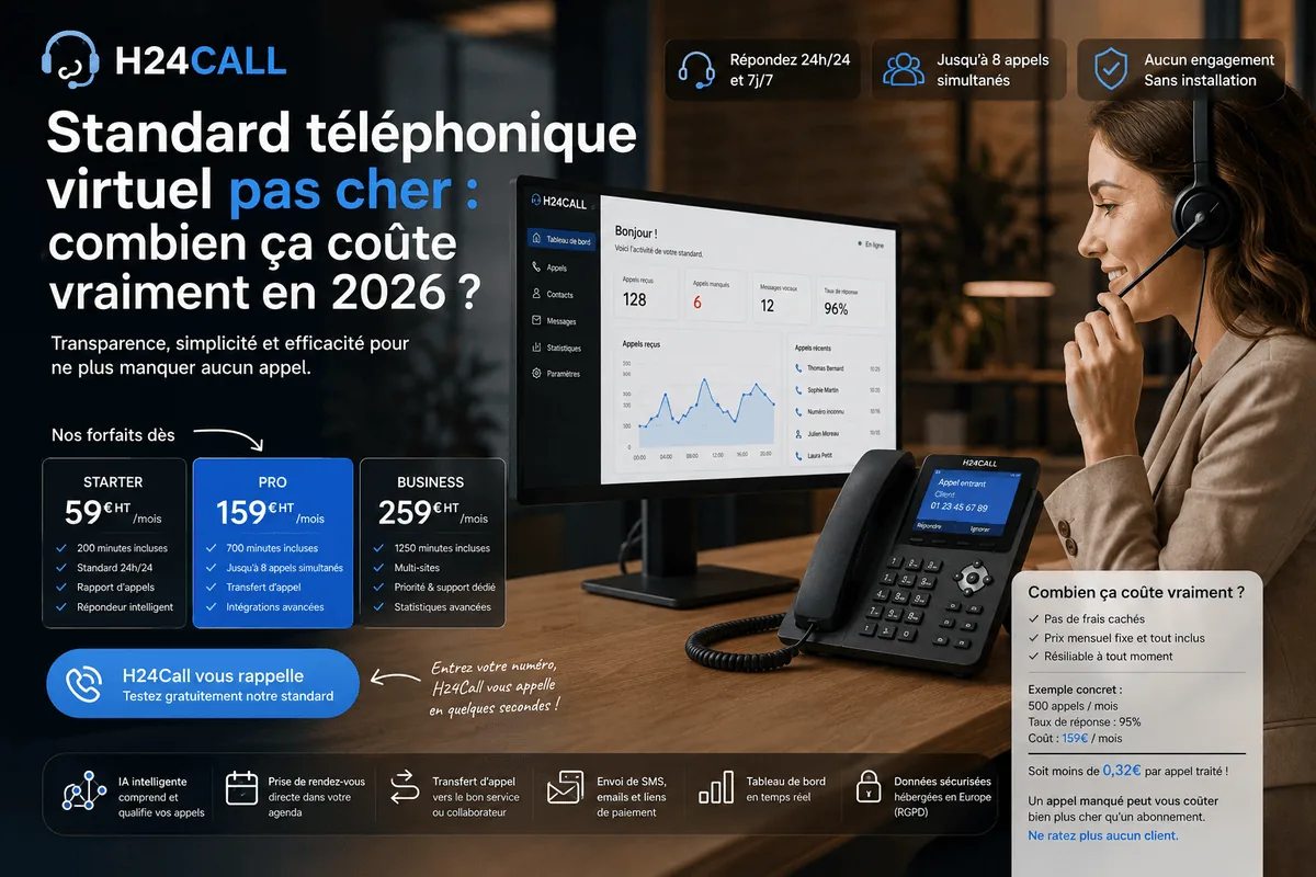 Standard téléphonique virtuel pas cher : forfaits H24 call dès 59 € par mois