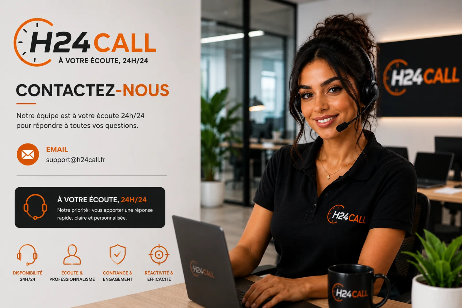 Contactez H24 call : notre équipe est à votre écoute 24h/24 par email à flowkorner@gmail.com.